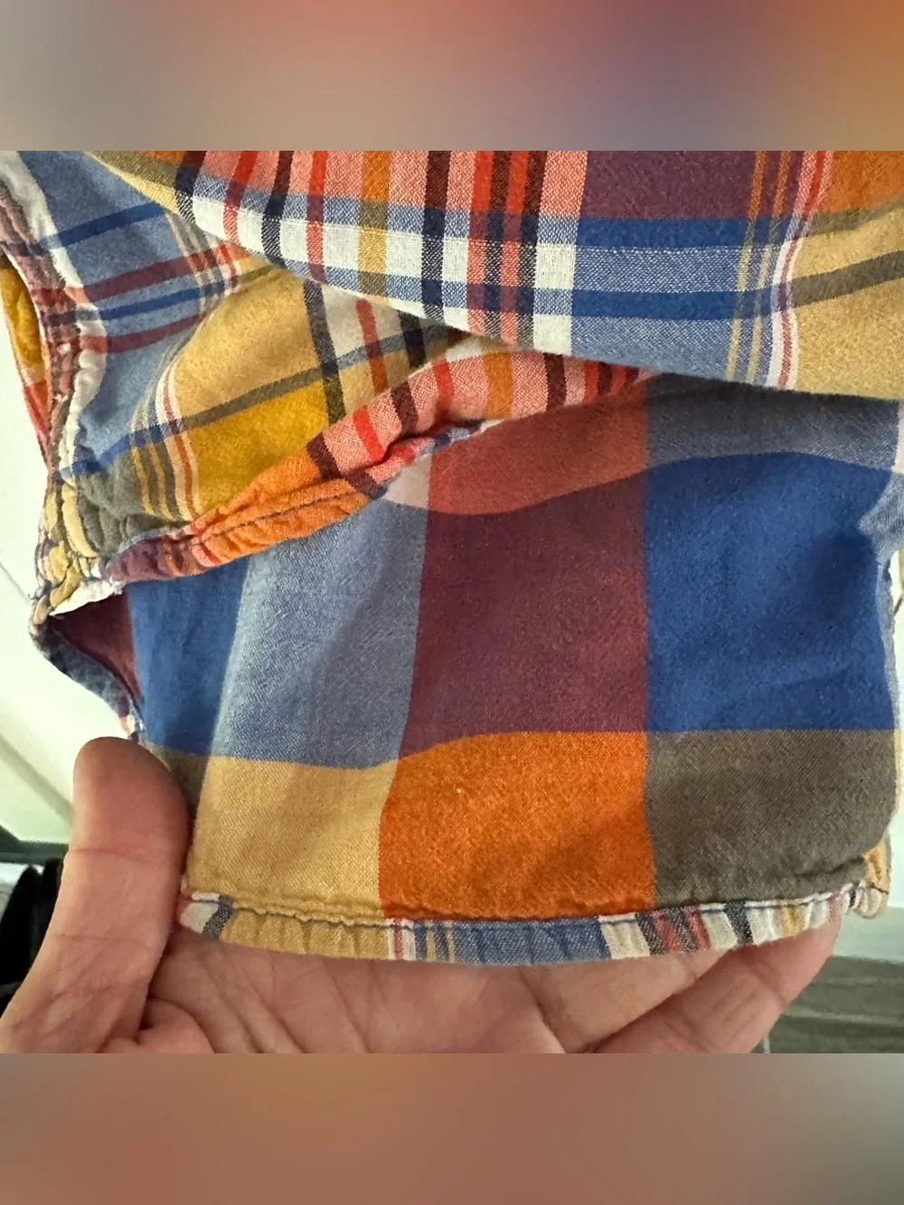 Gap Madras Plaid Button-Up Shirt Kids XXL 14-16 Orange Blue Double Layer Cotton